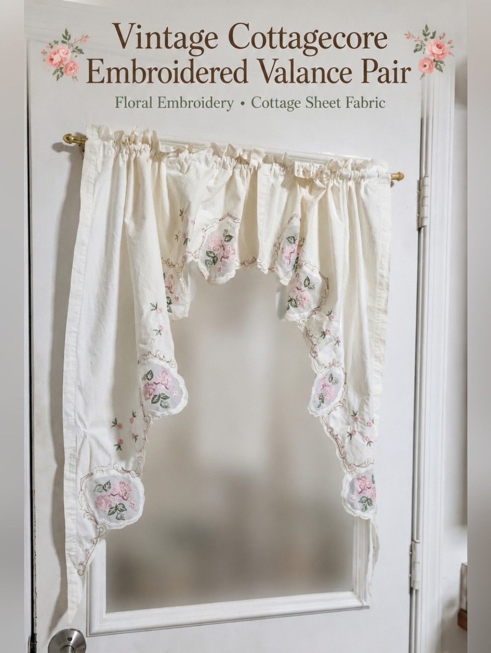 Vintage Cottage Chic Embroidered Valance Pair Romantic Floral Curtain 2 Panels
